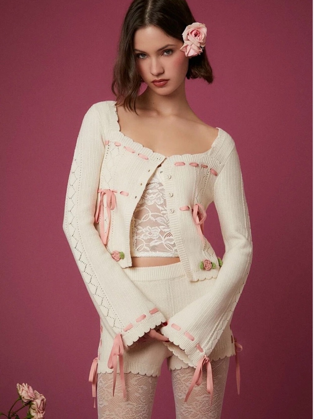 Forever 21 X Betsey Johnson Cream Knit Cardigan with Pink Ribbon Details